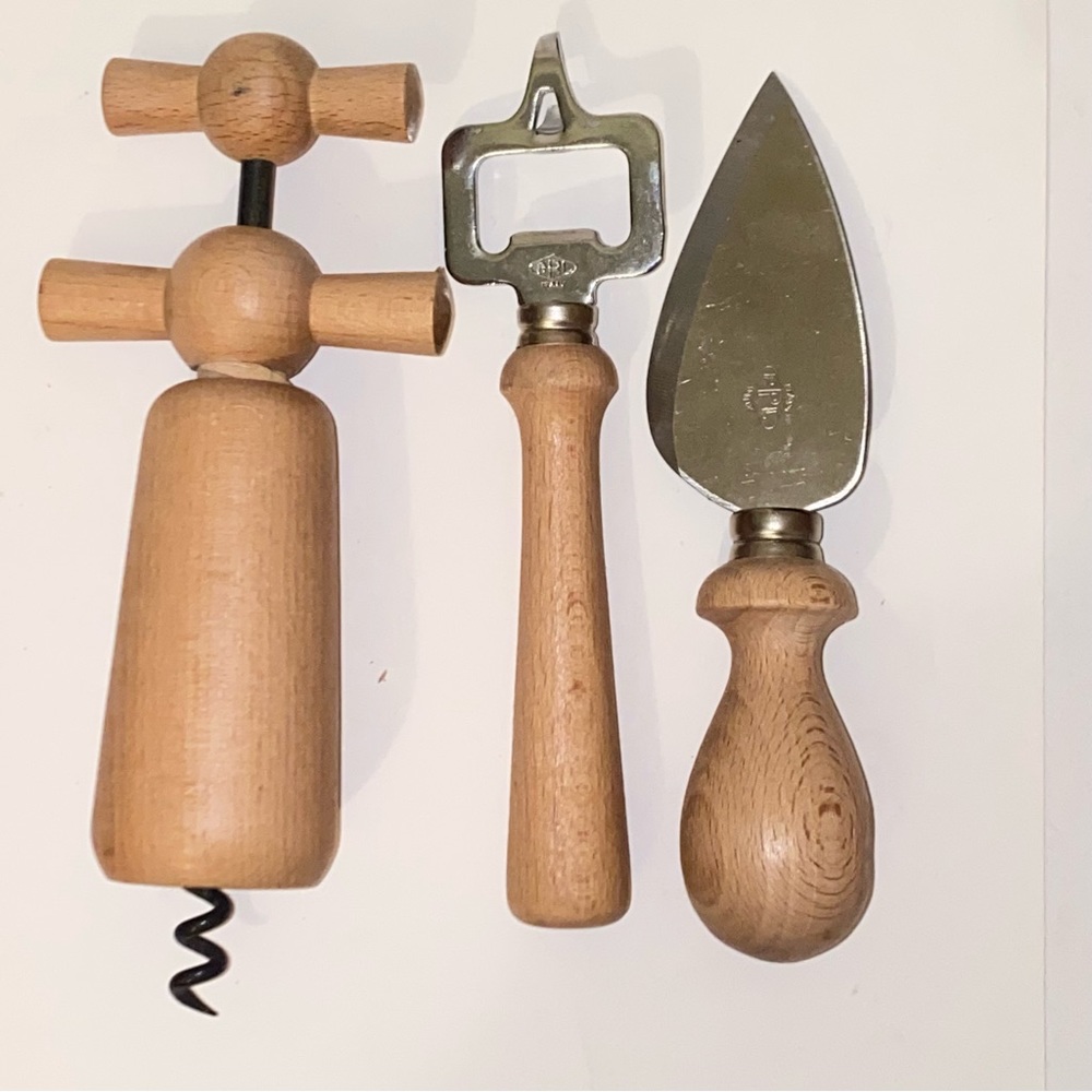 PPL Wood & Inox Corkscrew Cheese Knife & Can Opener 3 pc Set by Pedrini in Italy